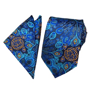 Floral Silk Necktie and Pocket Square: Blue & Orange Florescence