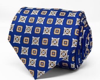 Gold & Ivory Geometric Medallion Necktie in Royal Blue