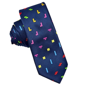 Tetris Tie | Geometric Navy Tie | Retro Video Game Necktie
