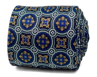 Ornamental Medallion Necktie in Navy Blue, Royal Blue & Antique Gold