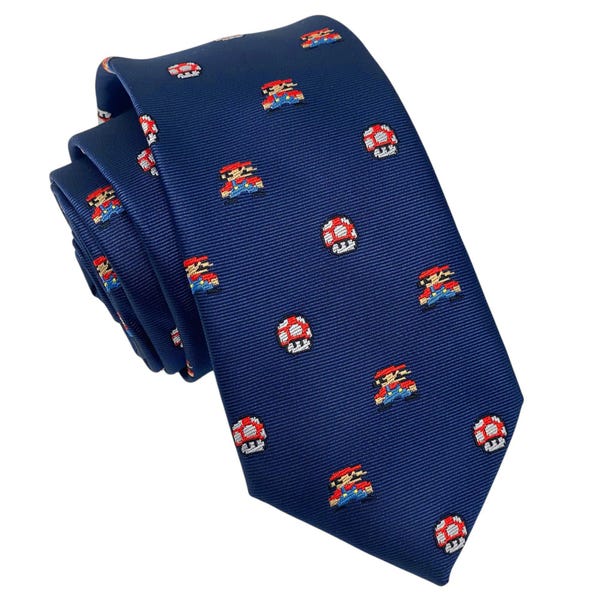 M@rio Bros. Navy Necktie and Pocket Square Set | M@rio & Magic Mushroom Design