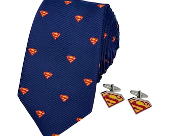 Superheld Man of Steel Krawatte & Manschettenknöpfe Set | Krawatte aus Mikrofaser Navy Comics
