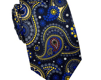 Floral Paisley Silk Tie - Navy Blue Yellow Red on Black