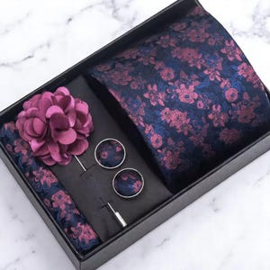 Navy & Purple Floral Tie Set with Matching Pocket Square, Cufflinks, Lapel Pin | Groom&#39;s Groomsman&#39;s Wedding Classy Necktie Gift Box