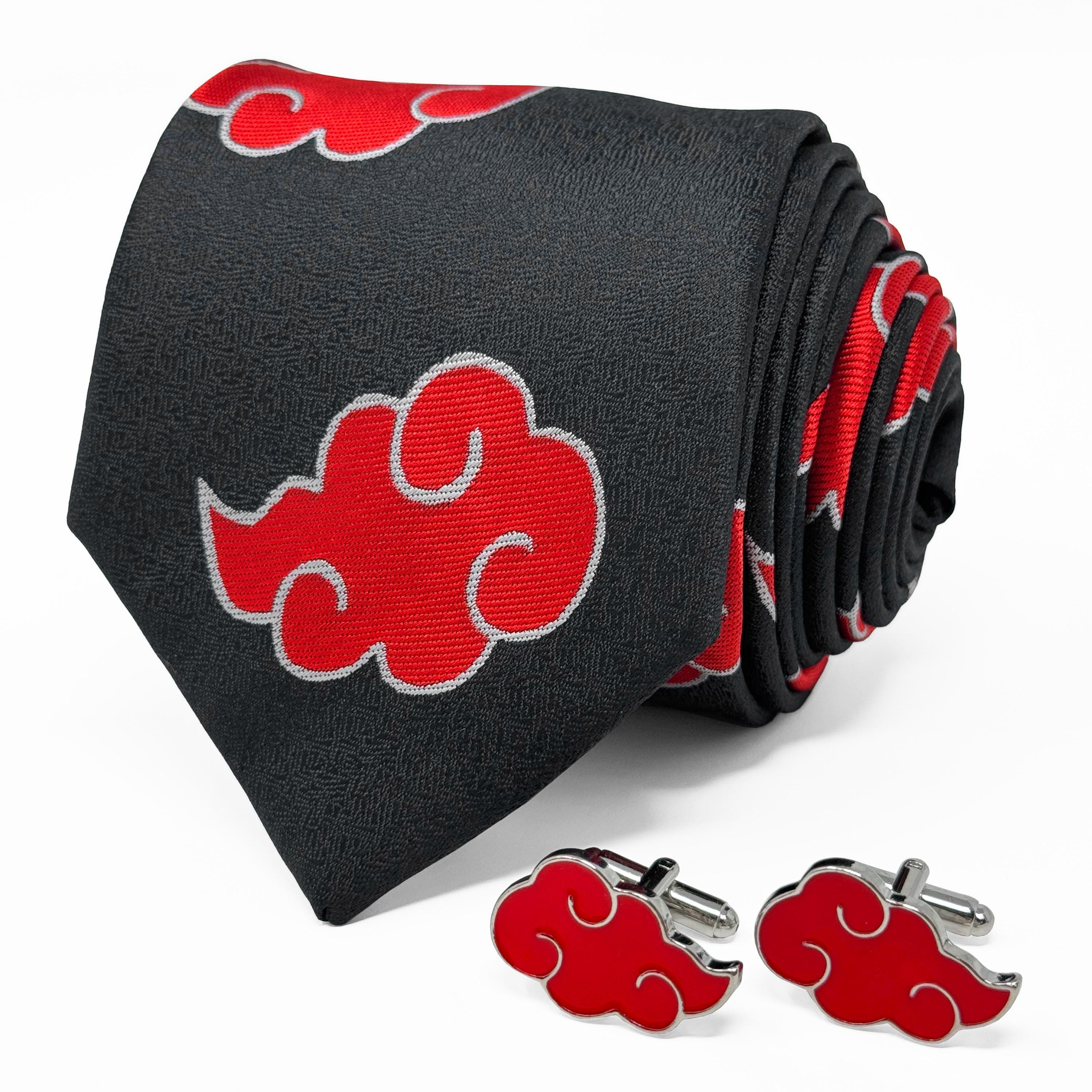 sleek Anime-Inspired Akatsuki Red Clouds Necktie in Black and Cufflink Set