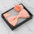 Peach & Coral Bow Tie Gift Set – Bowtie, Pocket Square, Cufflinks, and Lapel Flower – Wedding Formal Accessories