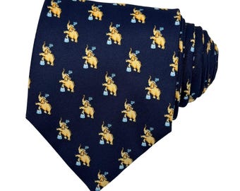Circus Elephant Silk Necktie in Navy Blue