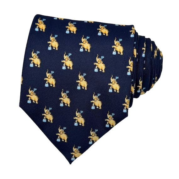 Cravate En Soie Brochier Soieries - Motif Dufy Éléphants Bleu - Élégance Lyonnaise