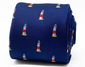 Embroidered Lighthouse Necktie in Navy Blue