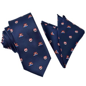 Mario Bros. Marineblaue Krawatte und Einstecktuch im Set | Mario & Magic Mushroom Design