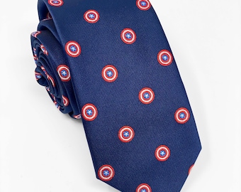 C@ptain Americ@ Tie and Cufflinks | Superhero Navy Necktie