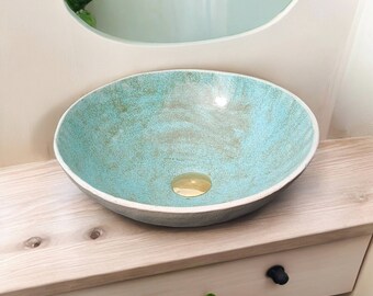 WB205 Pastel Pistachio with Gold dots Round Bathroom Sink.