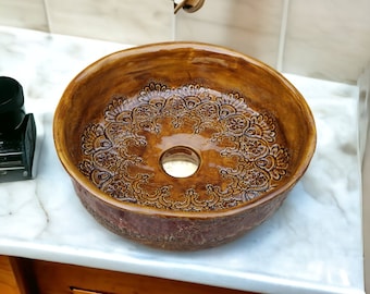 WB008 Brown round ceramic handmade sink