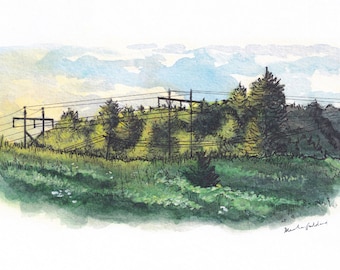 Impresión de arte de campo florido, arte de campo de flores silvestres, pintura de campo, pintura de paisaje, paisaje de acuarela, impresión de arte de la naturaleza, arte de la naturaleza verde