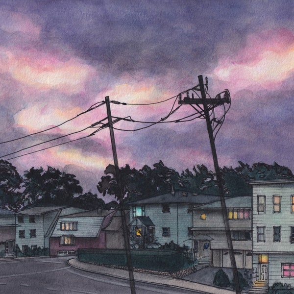 Stormy Night Print, New Jersey Art, Street Painting, Stormy Landscape Painting, Stormy Watercolor Painting, Perspective Painting, Spooky