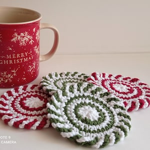 Christmas Coasters, Peppermint Coasters, Crochet Christmas Décor, Swirl Crochet Coasters, Holiday Drink Cotton Coaster, Round Mug Rugs, Gift