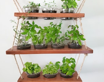 Rustic Hanging Shelf Planter for Herbs and Succulents / Wood and Rope Hanging Herbs