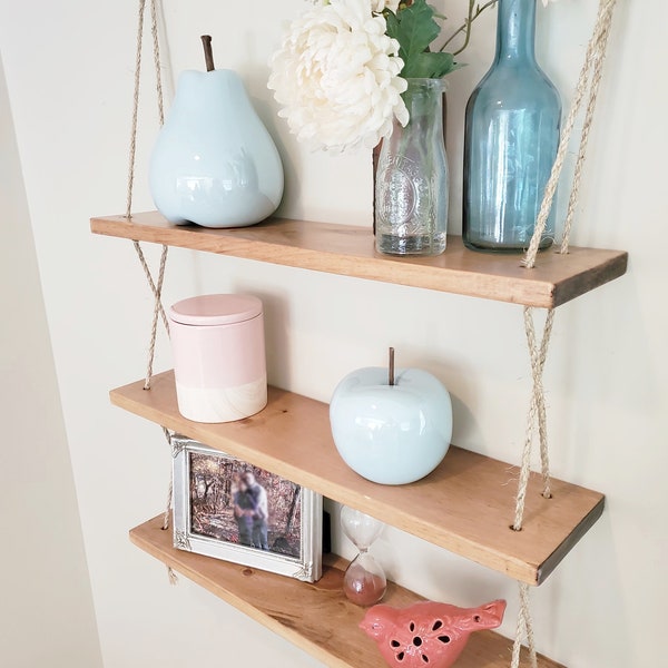 Wood Rope Shelves / Rustic Hanging Shelves / Farmhouse Floating Rope Shelving / Fall Decor