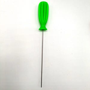 May include: A bright green screwdriver with a ribbed handle and a long, slender metal shaft. The tool is designed for precision work and features a vibrant color for easy identification.