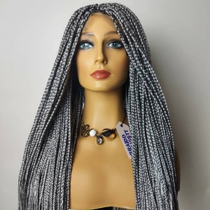 Handmade Gray Braided Box Braid Wig: 4x4 Lace Closure, 26 inch