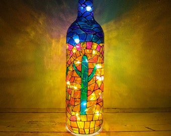 Cactus Bottle Bar Light/ Cactus Lamp/ Hand Painted Glass Bottle Art