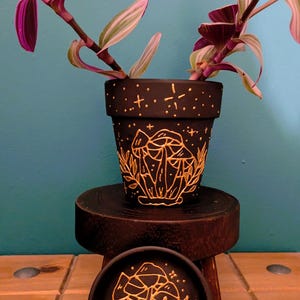 May include: A black ceramic plant pot and saucer set with a gold mushroom design. The pot holds a plant with purple and green leaves. The pot and saucer sit on a small wooden stand against a blue background.