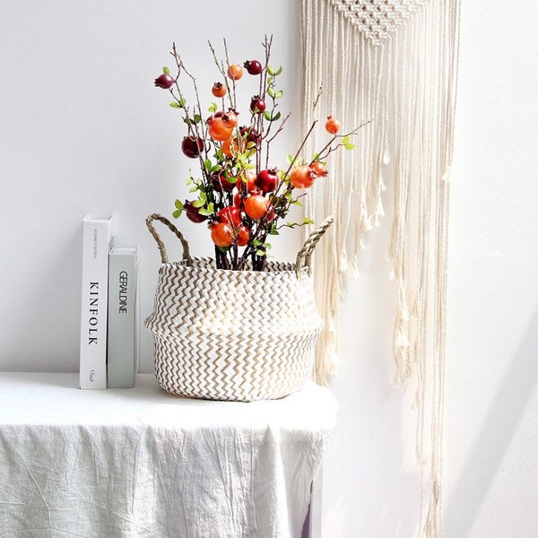 Seagrass White Wavy/Zig Zag  Design Multi-Purpose/Plant Basket with Handle. Small, Large, Belly Basket, Woven Planter Basket