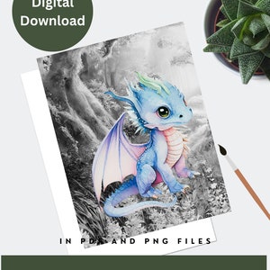 30 Adorable Baby Dragon Coloring Book Pages with Fantasy Fairytale Backgrounds. Print ready PDF & PNG Files in an Instant Digital Download.