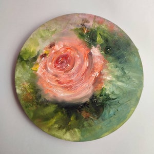 Delicate coral rose, Original work, Handmade painting, oil on canvas, size approximately 7 inches in diameter