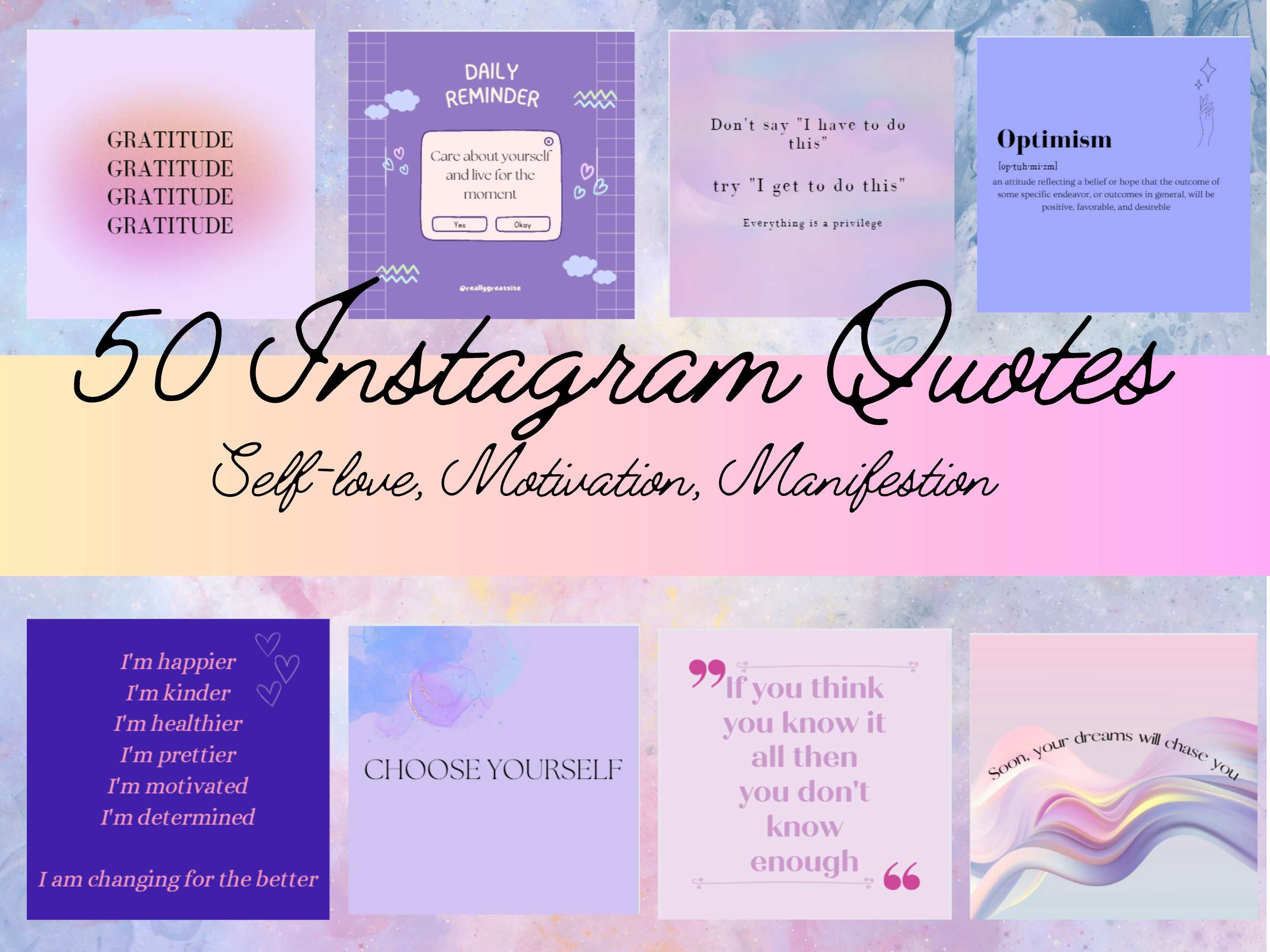 50 Instagram Post Quote Canva Templates/ Pink ,purple, Blue, Cutesy