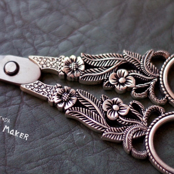 FairyTale Collection Scissors for Embroidery Weaving Sewing. Handle carved with flowers. Vintage Style