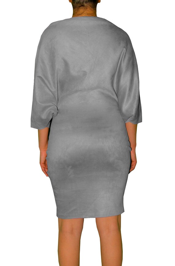 suede knee length dress Fitted Suede Knee Length Dress, Modern Chic Style