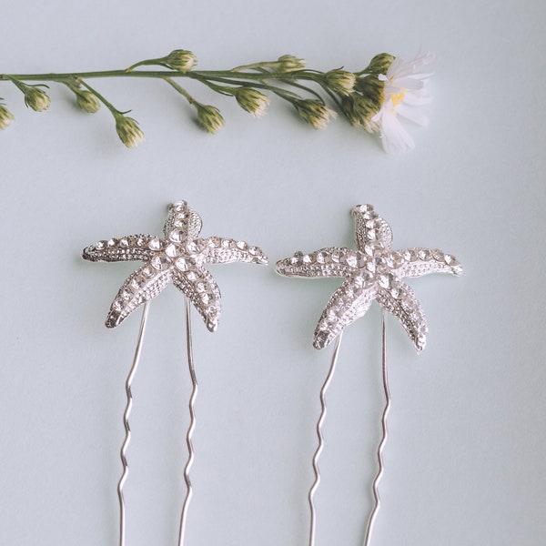 Silver Starfish Hair Pins, Boho Bride, Hair Accessories, Hair Pins, Boho Wedding, Silver Hair Pieces