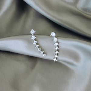 Silver Ear Climber with Dainty Rhinestones, Minimalist Ear Crawler, Tiny Studs, Dainty Earrings, Gift Earrings for Her