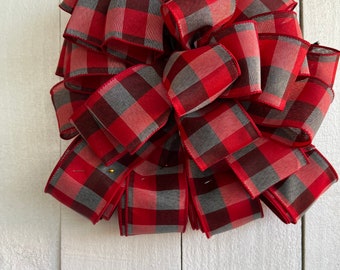 Christmas Tree Topper Bow with 4-72" streamers, Lantern Bow, Red Black Gray Buffalo Plaid Tree Topper, Farmhouse Decor, Rustic Tree Topper