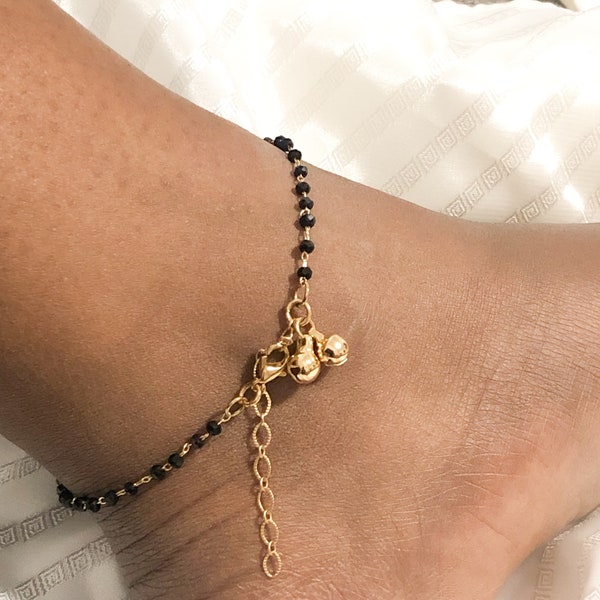 Black Beaded Ankle Bracelet,Gold Indian Bell Anklet,Bridal Shower Mehendi Jewelry,A Pair of Boho Beach Anklet,Summer Wedding Jewellery