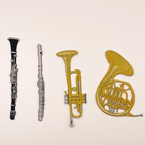 Musical Instrument Embroidered Patch, Trumpet Patch, Clarinet Patch, Flute Iron On Patch, French Horn Patch, Music Lover Gift