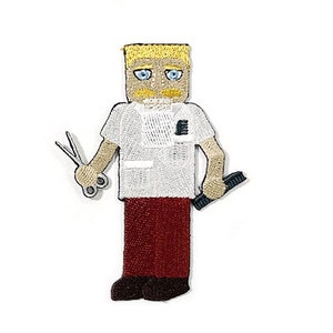 May include: Embroidered patch of a barber figure. The figure has a blonde, square-shaped head, blue eyes, and a mustache. The barber wears a white shirt, burgundy pants, and holds scissors and a comb. The patch is on a white background.