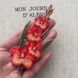 Puede incluir: Parche bordado de flores de gladiolo rojas y naranjas con hojas verdes. El parche presenta costuras detalladas y está colocado sobre un fondo de tela neutra. El texto "MON JOURN D'ALBUM" es visible en el fondo.