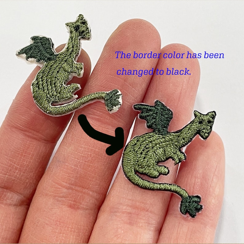 以下が含まれることがあります： 緑と濃い緑色の刺繍ドラゴンパッチ。ドラゴンは翼と長い尾を持っています。ボーダーの色は黒に変更されました。