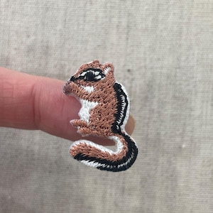May include: Embroidered chipmunk patch in shades of brown, white, and black. The patch features detailed stitching, showcasing the chipmunk's fur, stripes, and facial features. The patch is small, likely designed for application on clothing or accessories.