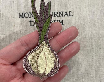 Uipatch, moestuin, opstrijkpatch tuin, opstrijkbadge eten, ui geborduurd