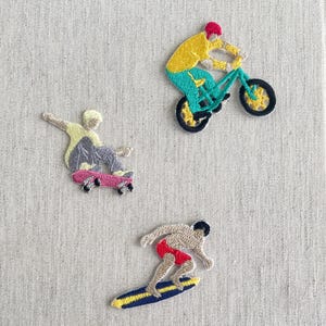 Skateboard Surf BMX Bike Embroidered Patch, Action Sports Iron On Patch, Retro Skater Surfer Cyclist Applique for Jackets Bag