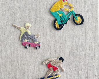 Skateboard Surf BMX Bike Embroidered Patch, Action Sports Iron On Patch, Retro Skater Surfer Cyclist Applique for Jackets Bag
