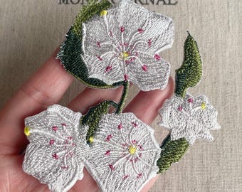 Parche de flor blanca, parche termoadhesivo de flor, insignia termoadhesiva de flor, flor bordada
