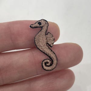 May include: A small, embroidered seahorse patch. The seahorse is a light brown colour with black outlining. The patch is a detailed, miniature representation of a seahorse, ideal for adding to clothing or accessories.