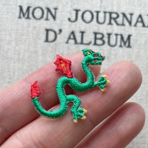 May include: Embroidered green dragon patch with red accents on the wings and tail, and yellow claws. The patch is in the shape of a dragon. The text "MON JOURNAL D'ALBUM" is in the background.