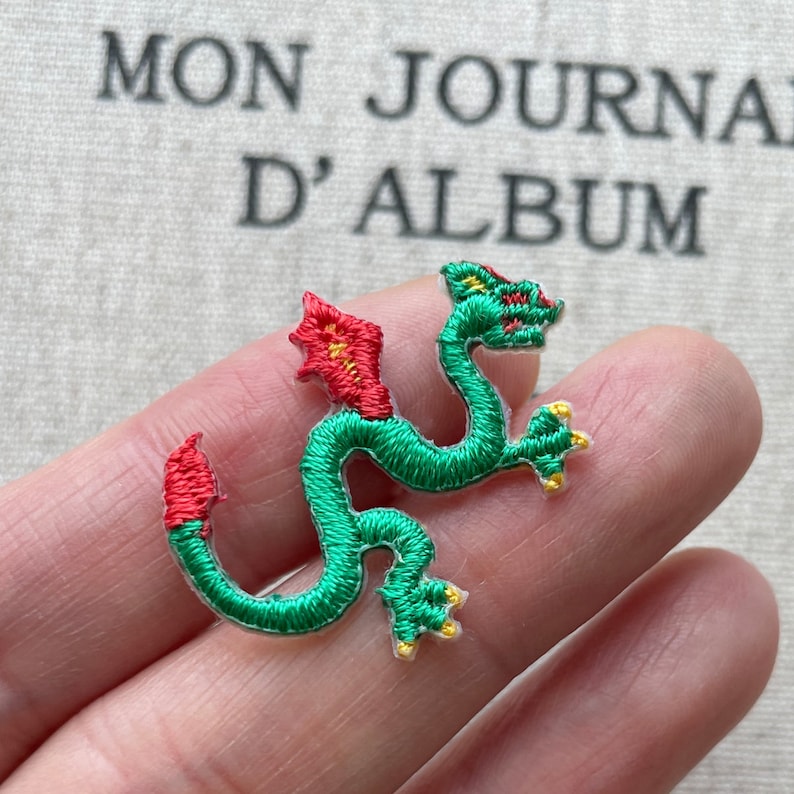 May include: Embroidered green dragon patch with red accents on the wings and tail, and yellow claws. The patch is in the shape of a dragon. The text "MON JOURNAL D'ALBUM" is in the background.