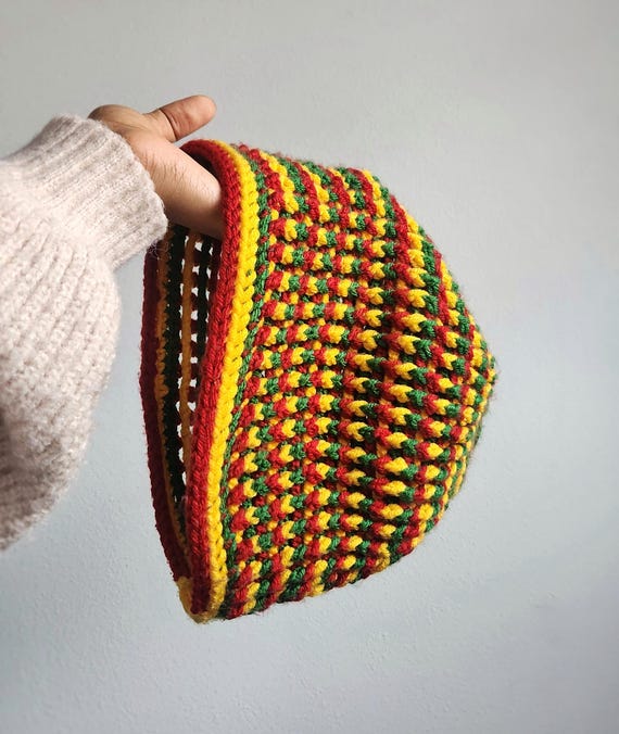 Hand Crochet Ethiopian Flag Slouchy Hat| Rasta Style Green 