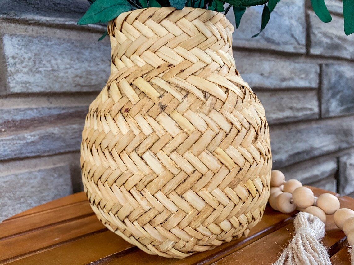 Vintage Tan Woven Wicker Vase / Retro Rattan Home Decor / Etsy